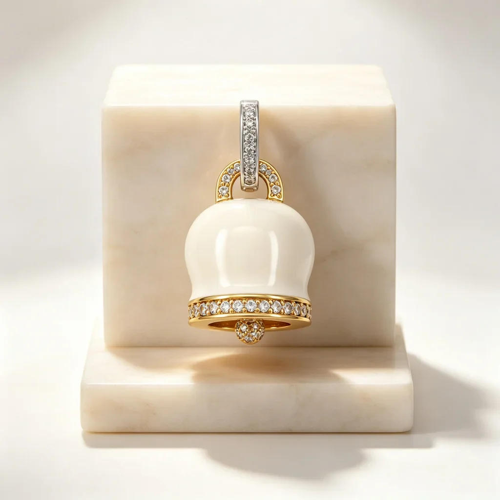 New Enamel Bell Pendant Necklace for Women, Cream and Gold Charm with Diamond Trim, Elegant Classic Jewelry