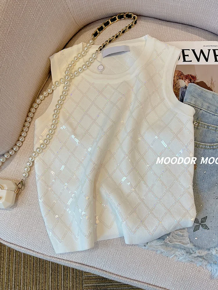 

Argyle Sequins Knit Vest Women Pullover 2024 Summer New O-neck Fashion Chic Sleeveless Sweater Vests Knitwear Crop Tops Jumper