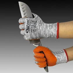 QearSafety ตัดระดับ5ป้องกันถุงมือทำงาน,HPPE เส้นใยถัก,Sandy สีส้มไนไตรล์เคลือบ,anti-Slip,ยืดหยุ่น