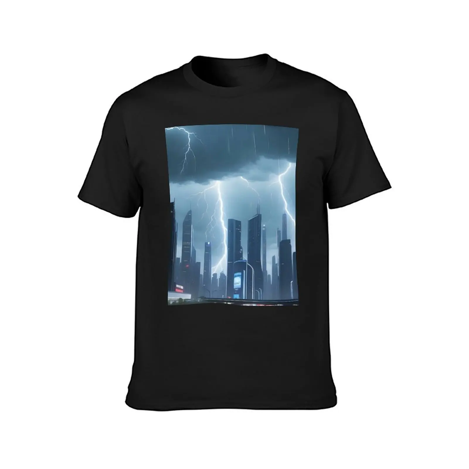 Rainy cityscape, lightning illuminates towering, neon-lit skyscrapers. T-Shirt blacks for a boy men clothing