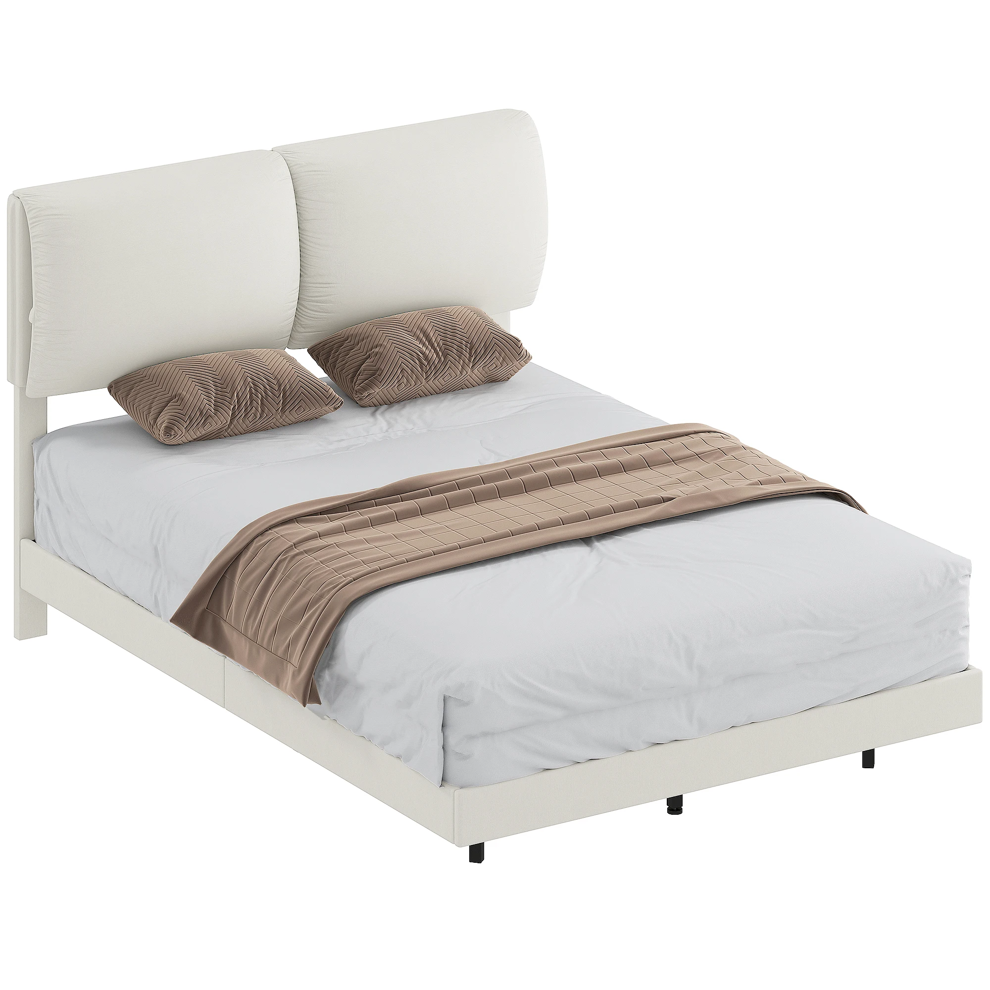 HOMCOM Cama Doble de 135x190 cm, Marco de Cama con Cabecero Acolchado, Efecto Flotante, Estructura Metálica, Lamas de Madera, Silencioso, Estilo Moderno, Beige