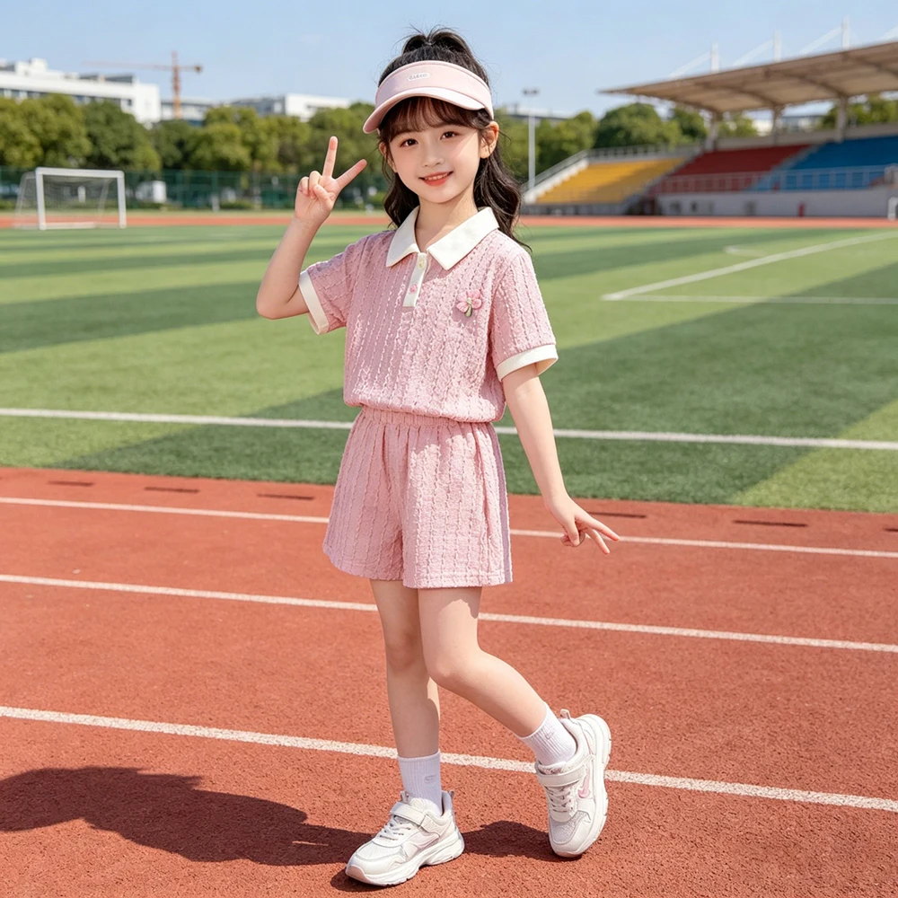 Baby Girls Short Sleeve Sets Clothes 2026 Summer Children Sweet Solid Color Jacquard Polo Tops+Shorts 2PCS Kids Tracksuit Outfit