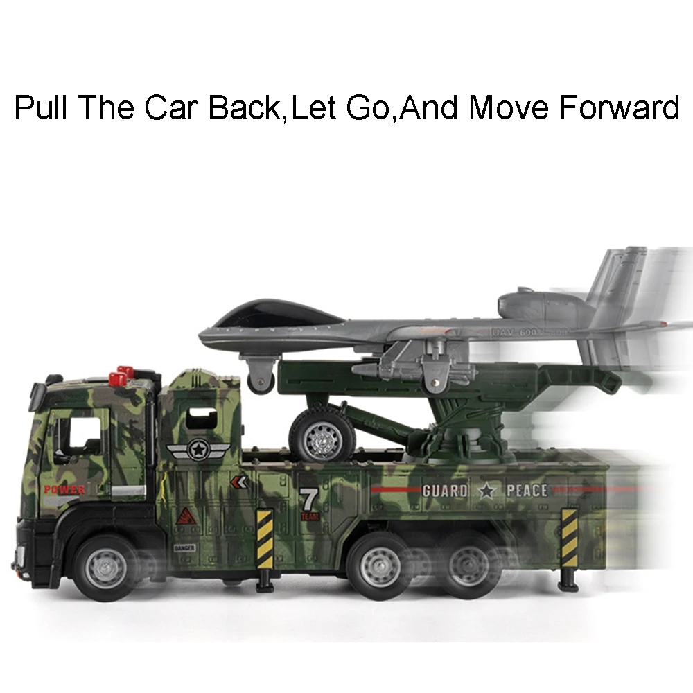 1:32 Drone Launch Vehicle Model Toy Metal Diecast Miniature Tank Transport Car Sound Light Doors Opened Pull Back for Boys Gifts
