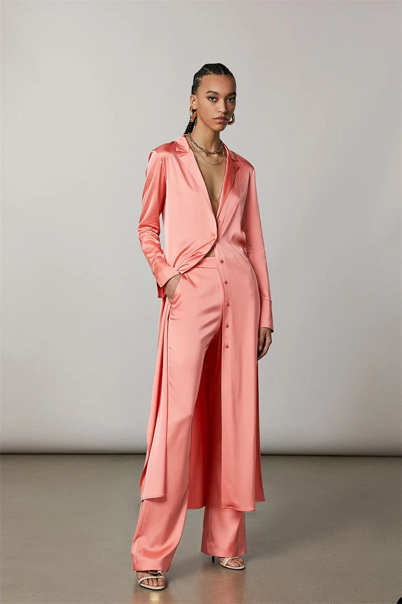 Pink Silk Satin Women Suits Pants Set 2 Pcs Long Blazer Custom Size V Neck Maxi Prom Dress Formal Office Lady Wear Party Gown