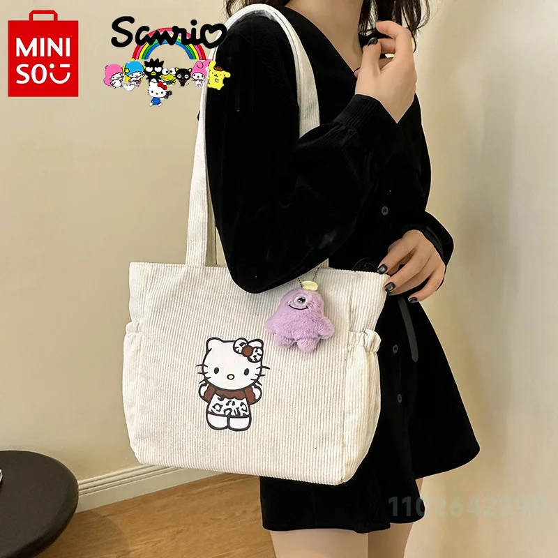 Miniso Hello Kitty New Women's Handbag Fashionable High Quality Corduroy Girl Shoulder Bag Cartoon Casual Women's Shopping Bag