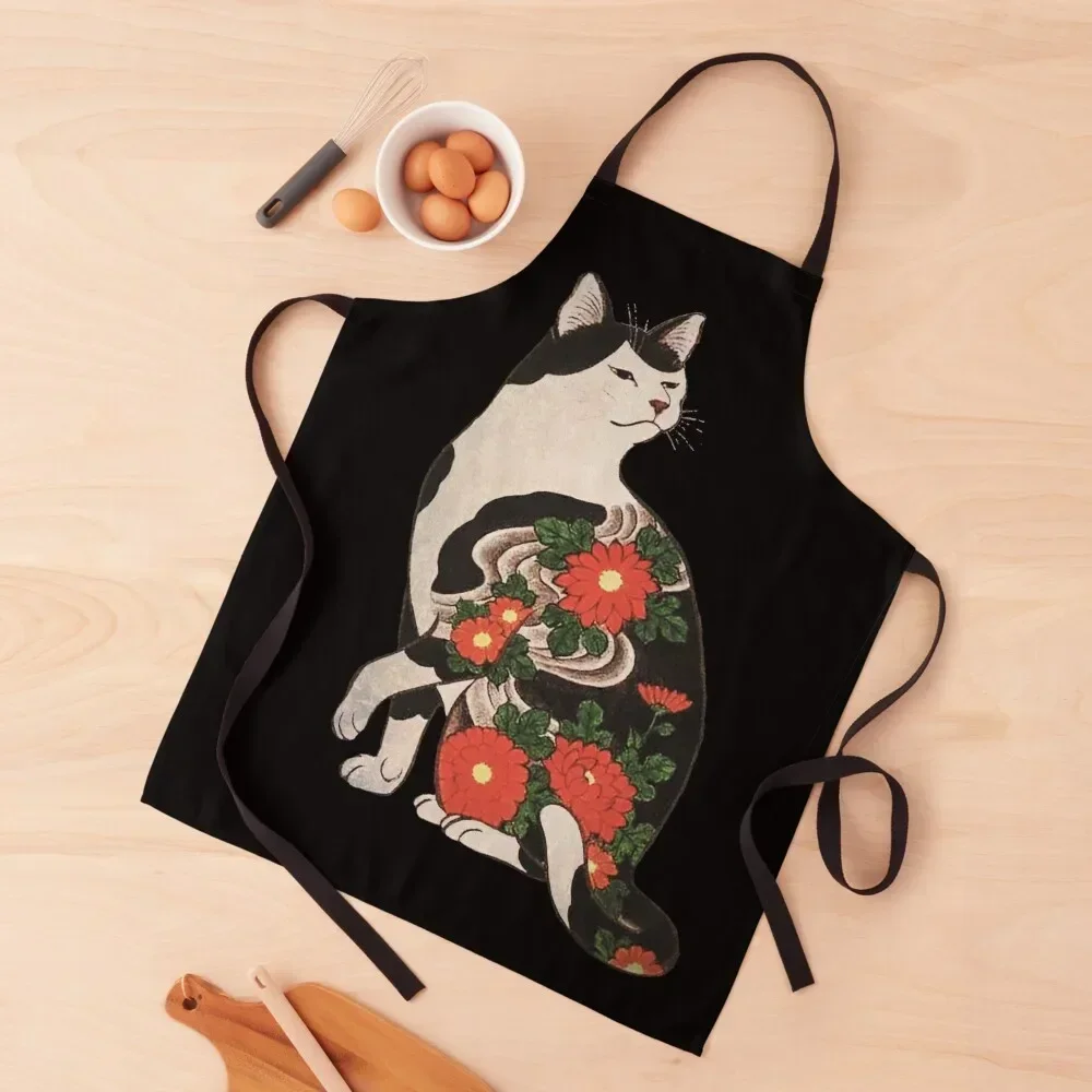 

Antique Japanese Woodblock Print Cat with Flower Tattoos Apron Waterproof kindergarten teacher Kitchen And Household Goods Apron