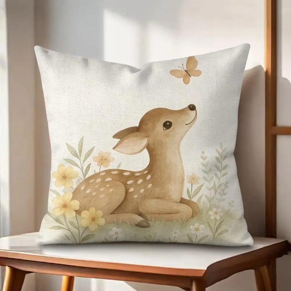 Watercolor Flowers Animals Cushion Cover Soft Short Plush Pillow Cover Smooth Cozy Texture Aesthetic Cushion Case Home Decor