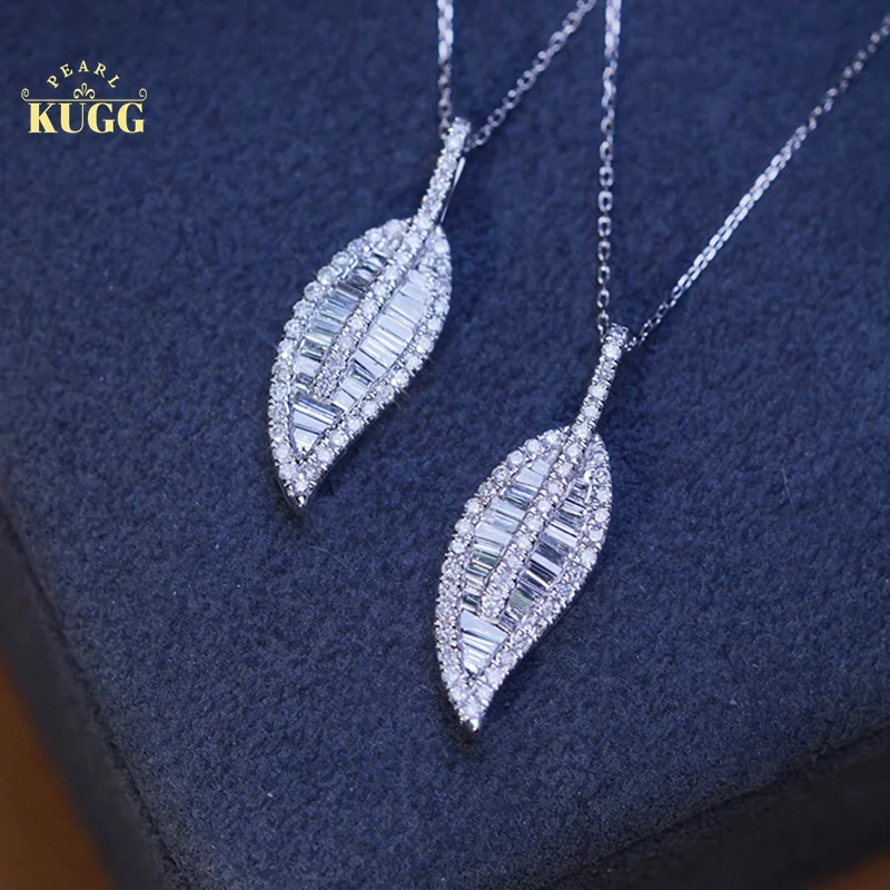 KUGG 18K White Gold Necklace 0.75carat Real Natural Diamond Pendant Necklace for Women Wedding Classic Leaf Design High Jewelry