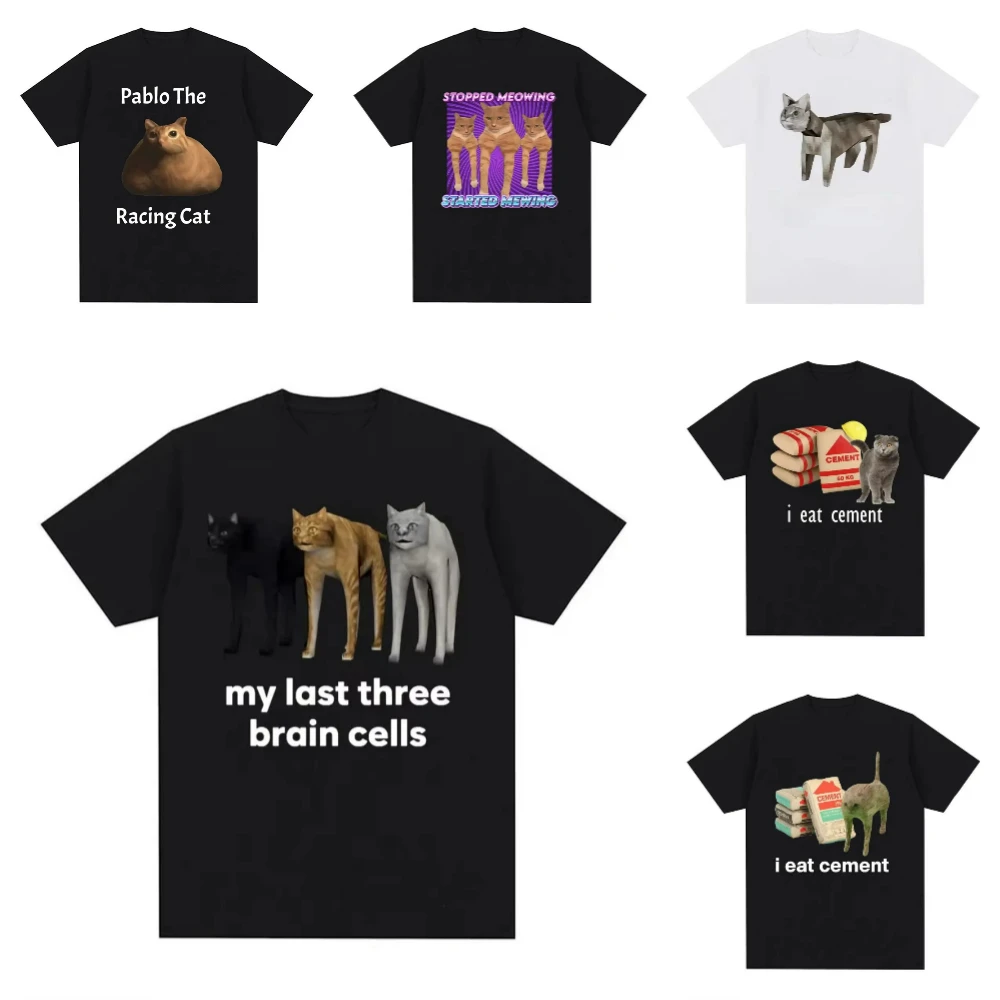 My Last Three Brain Cells Funny Cat Meme T-Shirt Men Tees Customized Discount Top T-shirts Men Clothing Summer Trend T-shirts