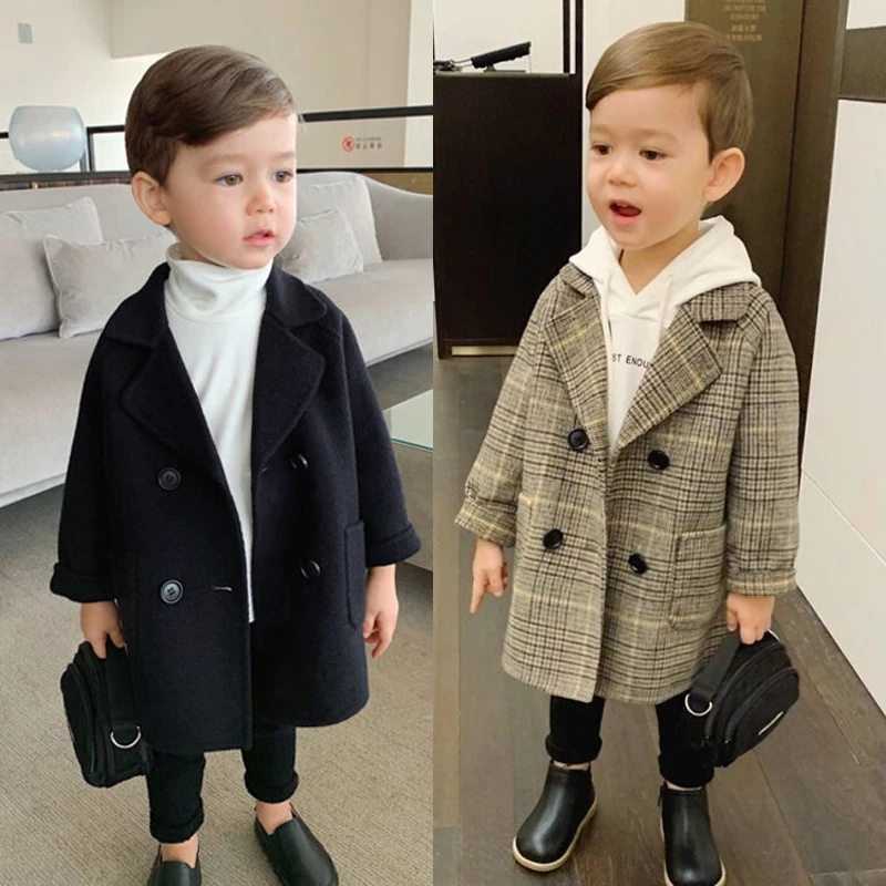 

New Spring Autumn Boys Coats Long Style Grid Design Handsome Trench Coat For Kids 2-6 Years Old British Style Jacket