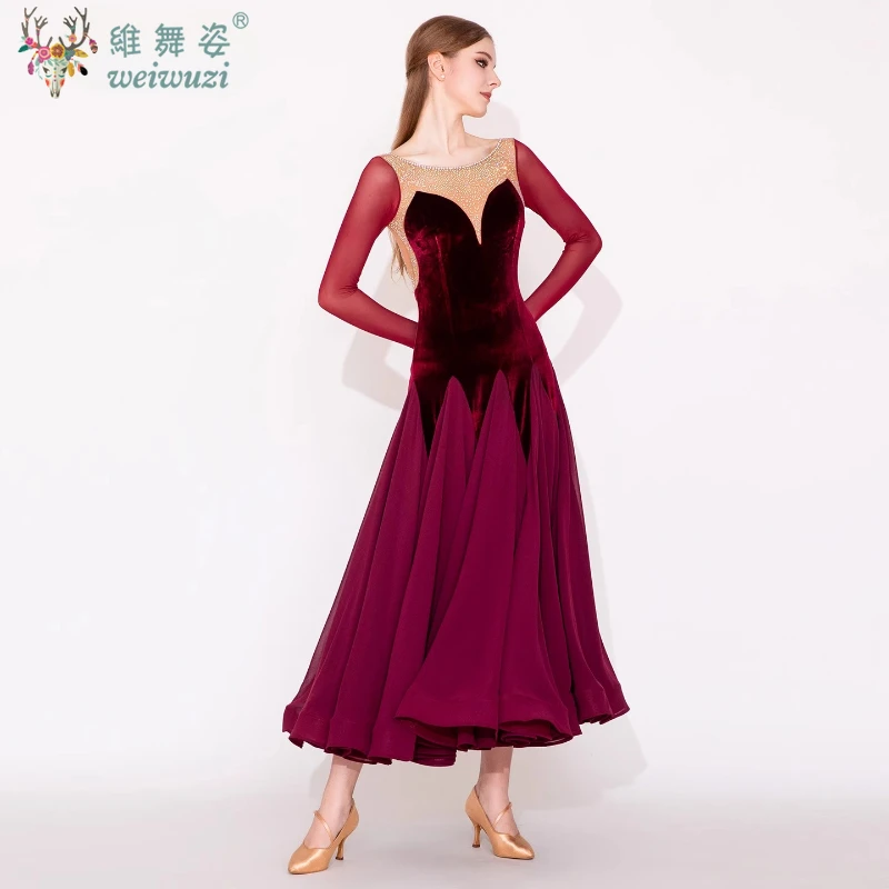 فستان رقص نسائي لقاعة الرقص مخملي بأكمام طويلة وأحجار الراين اللامعة فساتين رقص حديثة لمرحلة الفالس التانغو #2