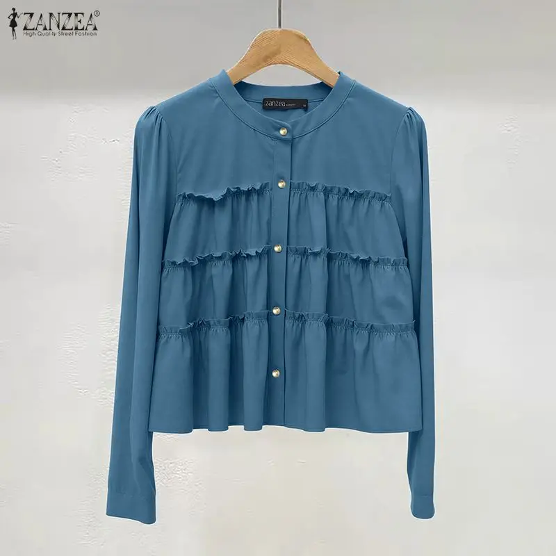 

ZANZEA Women Fashion Shirts 2026 Spring Autumn Long Sleve Solid Blouse Casual Buttons Ruffled Tops Ladies Elegant Office Blusas