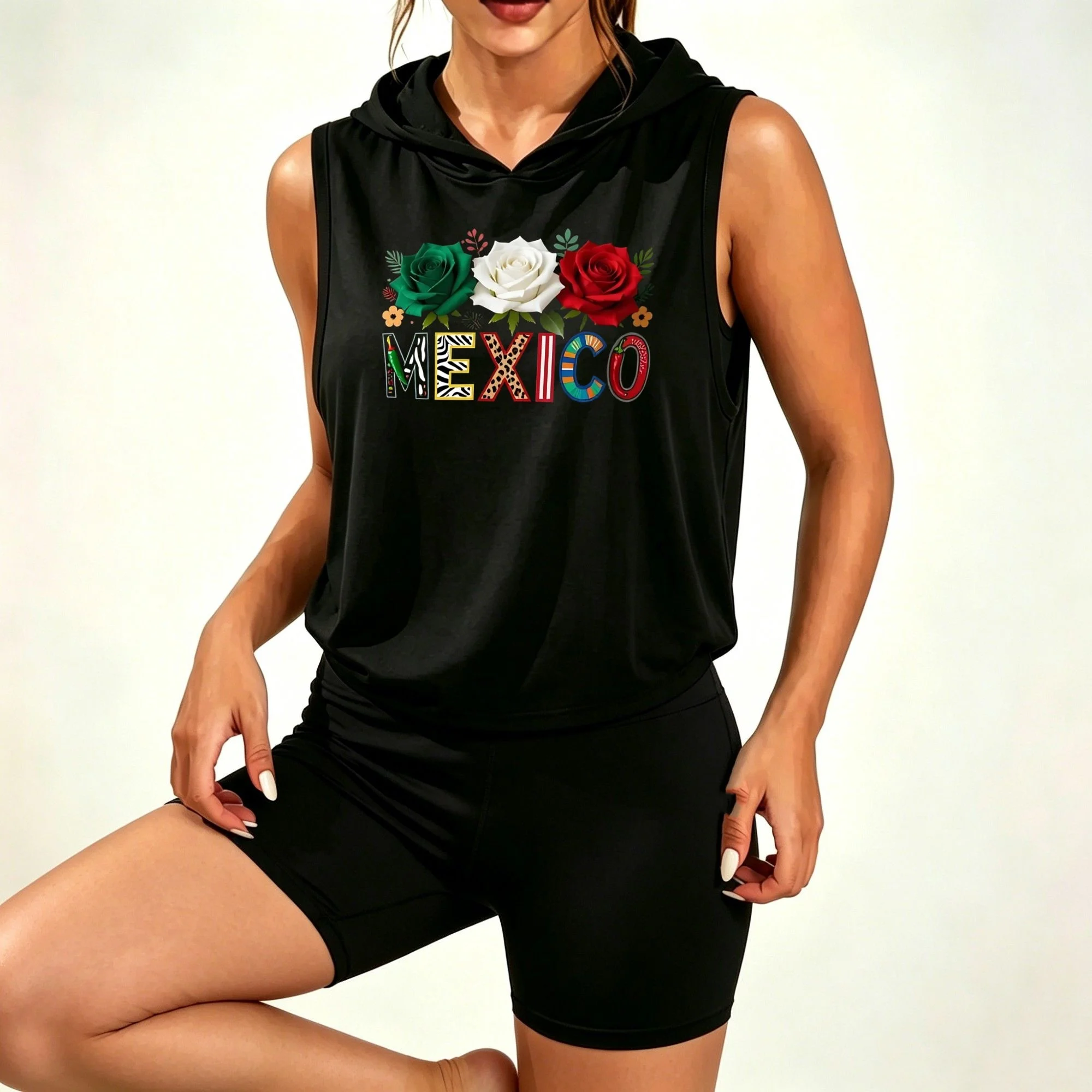 Women Mexican Patriotic Floral Matching Outfit, Mexico Text Green White Red Roses Sleeveless Hoodie Top with Elastic High Waist Workout Cycling Shorts