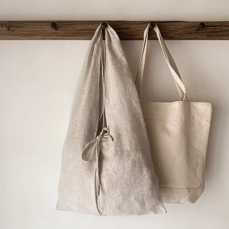 Retro Casual Linen Shopping Bags Women Reusable Sundries Bags Foldable Bandage Lace Up Travel Beach Shoulder Large Handbags