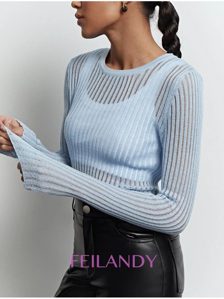 Feilandy Fashion White Elegant Striped See Through Women top outfit magliette trasparenti a maniche lunghe Tees Skinny Club Party Clothes