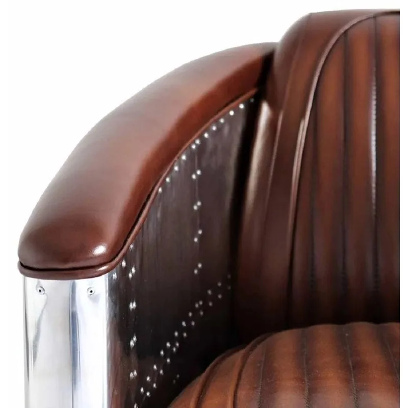 Deluxe Art Deco Leather Armchair Dark Brown Antique Aluminum Leather Cover Single Seat Pilot Sofa view 3