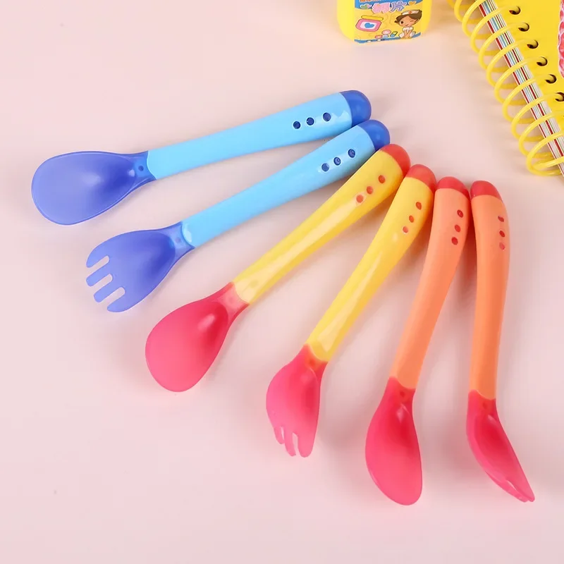 Silicone fork Spoon  Baby Tableware Children's Spoons Kids soft-headed safety temperature-sensitive Anti-scalding tableware