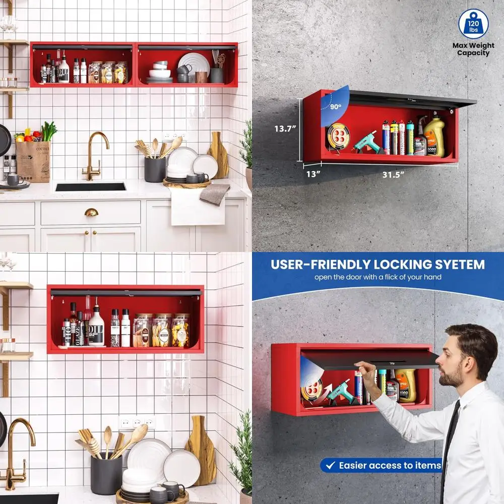 

Secured Metal Wall-Mounted Storage Cabinet with Flip-Up Door for Garage, Kitchen, and Workshop (Black/Red, 13.7 Height)