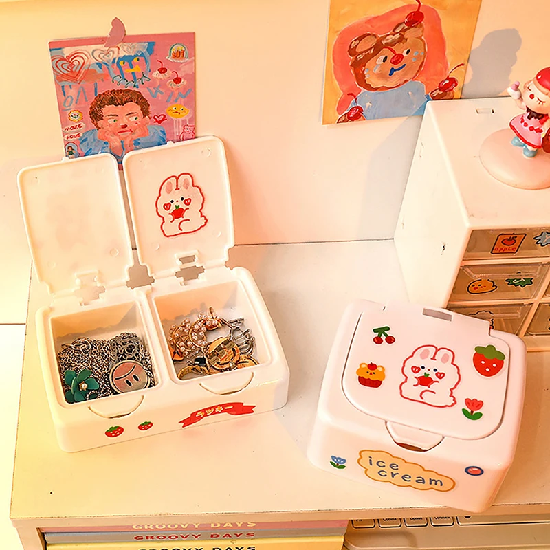 1Pc Kawaii Cartoon Desk Organizer Box Button Cosmetics Storage Box With Lid Mini Jewelry Organizer Cosmetics Makeup Container