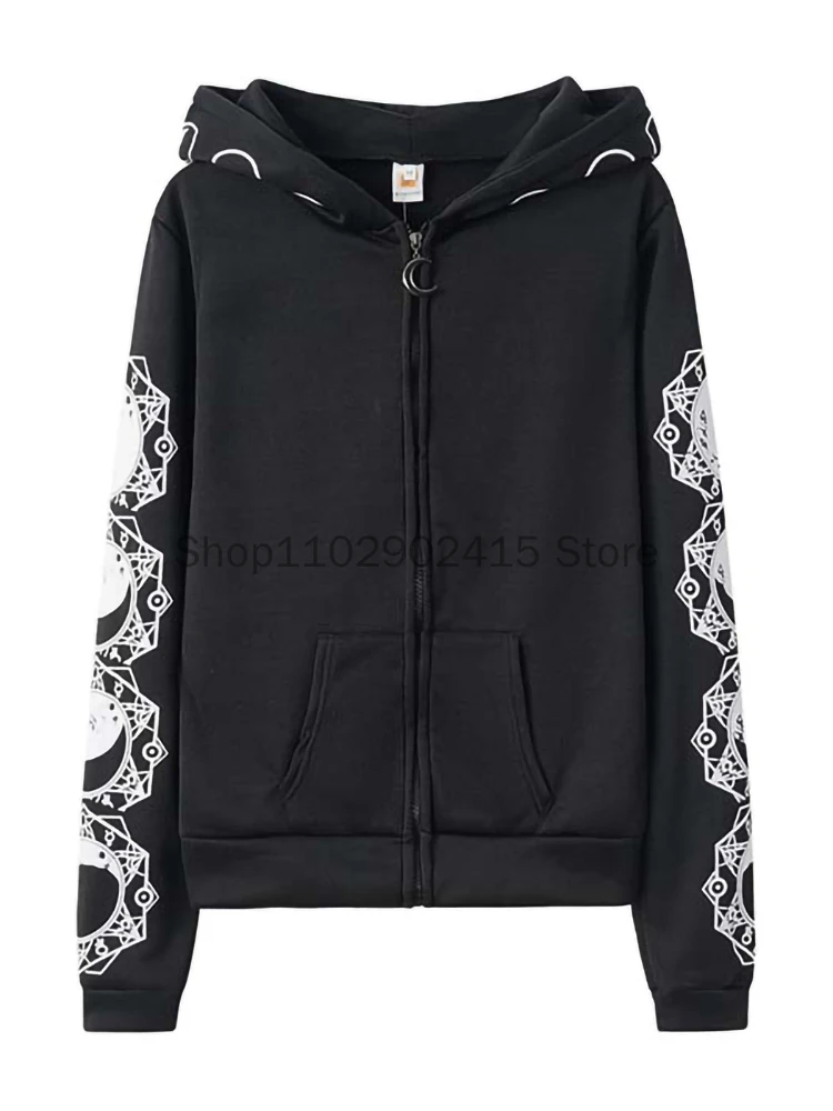 5XL Gothic Punk Women Print Long Sleeve Hoodies Sweatshirts Casual Zipper Jacket Hooded Tops Female Autumn Winter Black Hoodies.