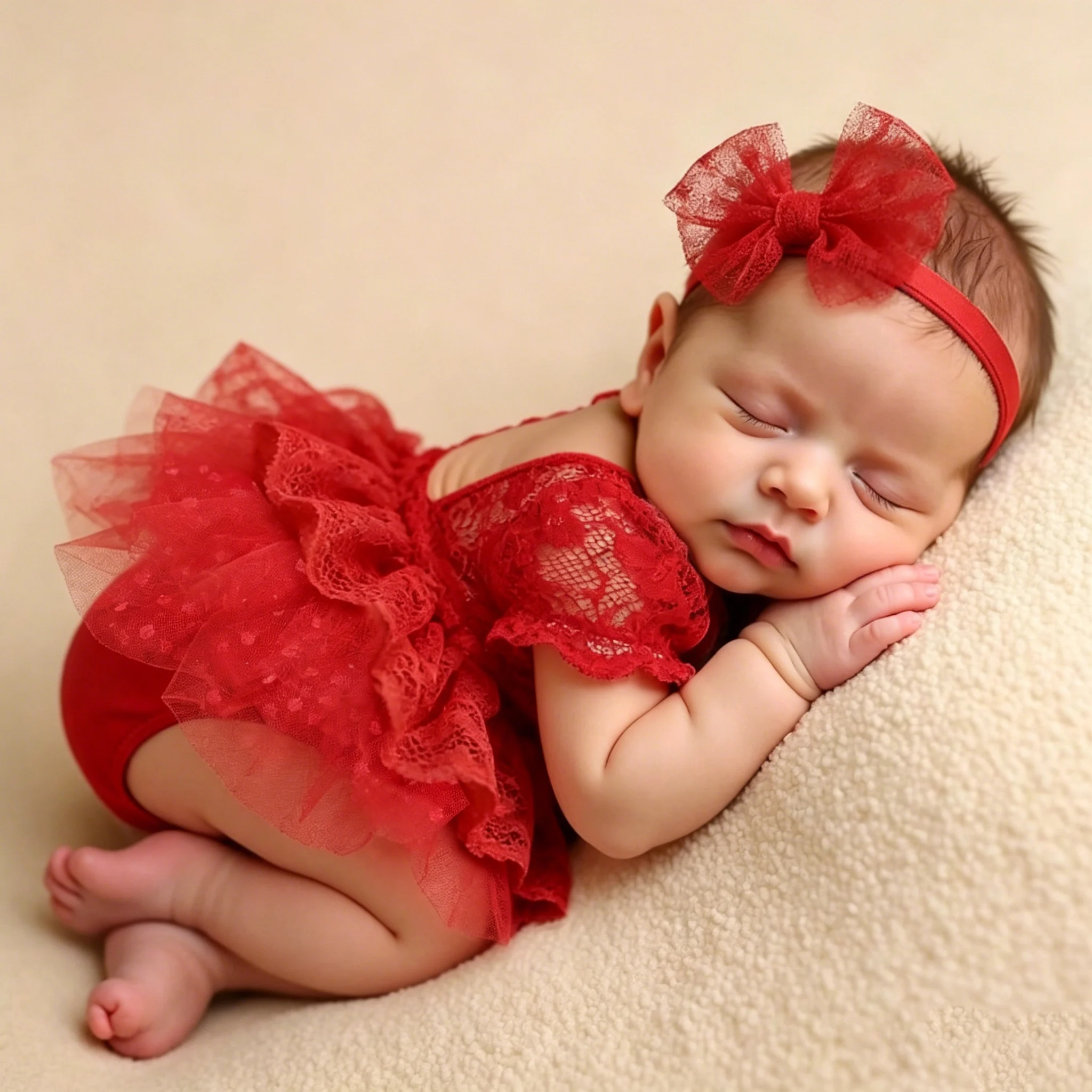 Ylsteed Newborn Baby Girl Photography Outfits Lace Red Romper for Photo Shooting Fluffy Mesh Princess Outfits with Headband-HD