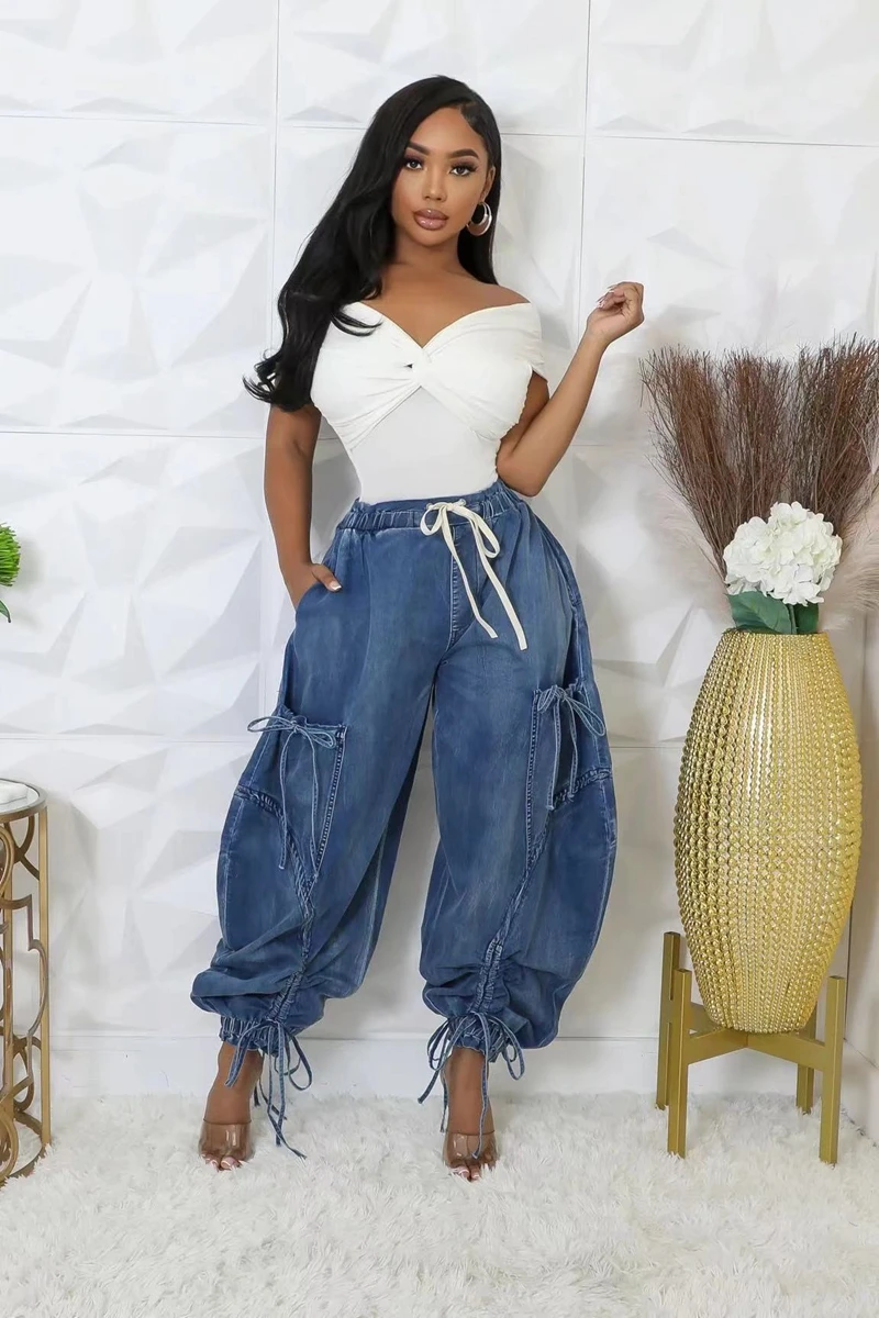 

STYLISH LADY Casual Wide Leg Jeans 2025 2025 Autumn Women Drawstring Bowknot Loose Denim Ankle-Cinched Jeans Pants