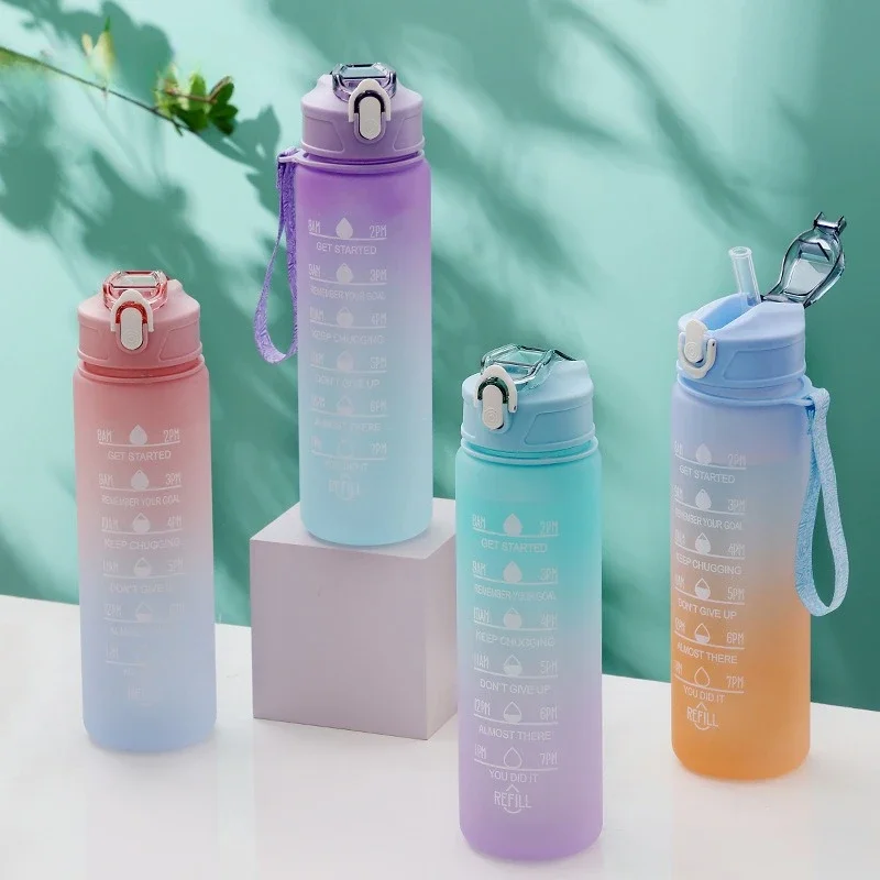 600ML/750ML/1000ML Sports Bottle with Time Scale Outdoor Gradient Color Drinking  Portable Fitness Motivational Straw Mug