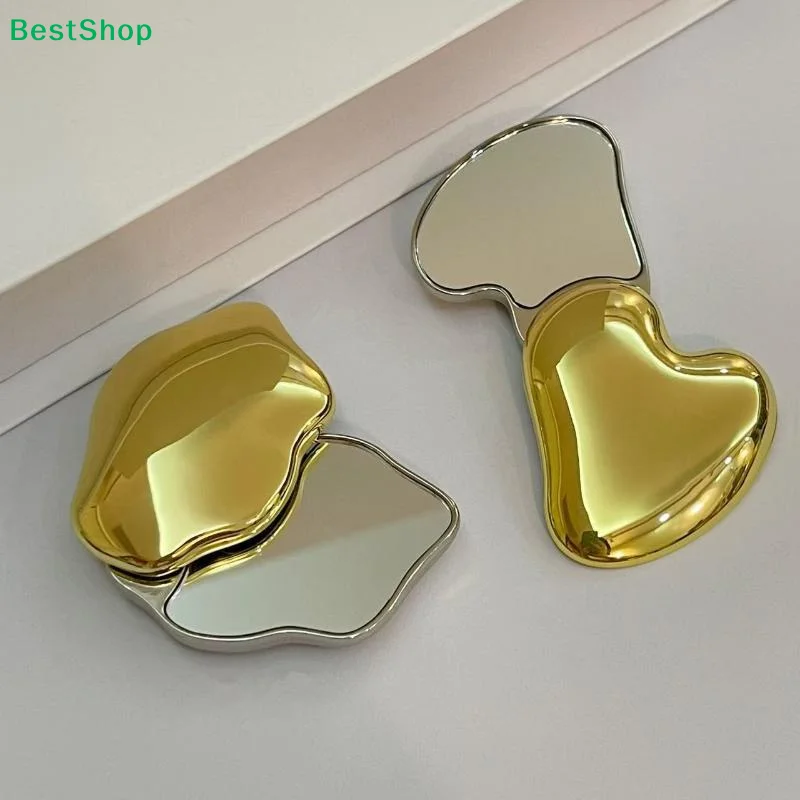 ✍ Lippen- & Herzförmiger Faltbarer Kompaktspiegel, 2-Farbiger Gold & Silber Mini-Taschenspiegel für Make-up