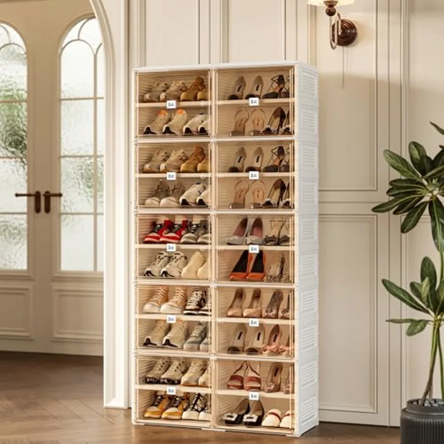 Portable Shoe Rack Organizer for Closet Entryway, Stackable Sneaker Storage Shoe Cabinet with Magnetic Clear Door, Large Plasti