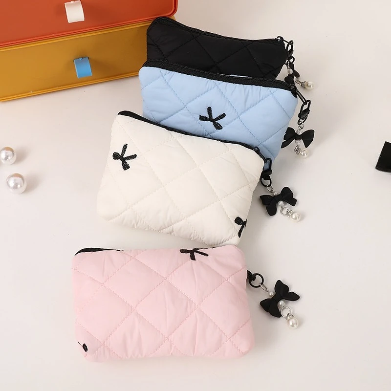 Cute Bow Embroidered Small Cosmetic Lipstick Earphones Data Cable Portable Storage Bag Coin Purse Pouch Make Up Bags Organizer