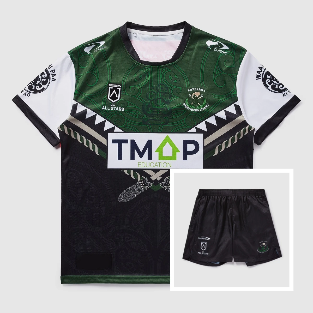 

Classic Maori All Stars 2026 Replica Green Shirt and Black Gym Shorts Men's Rugby T-Shirt Set Summer Outdoor Training Exercise