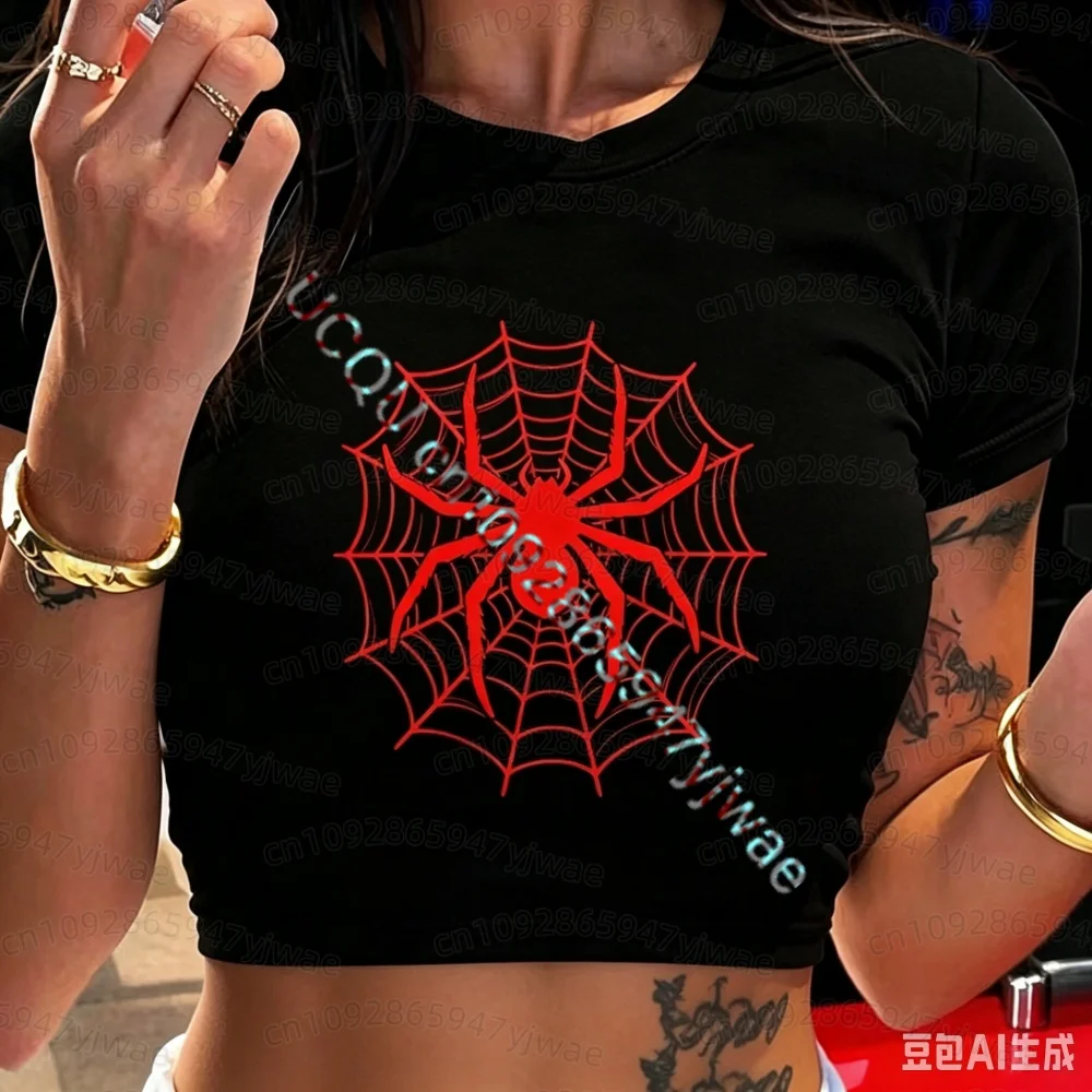 Y2k T shirt for Woman Funny Spider Print Graphic Cropped T Shirt Women's Sexy Crew Neck Short Sleeve Crop Top  Women T-Shirt