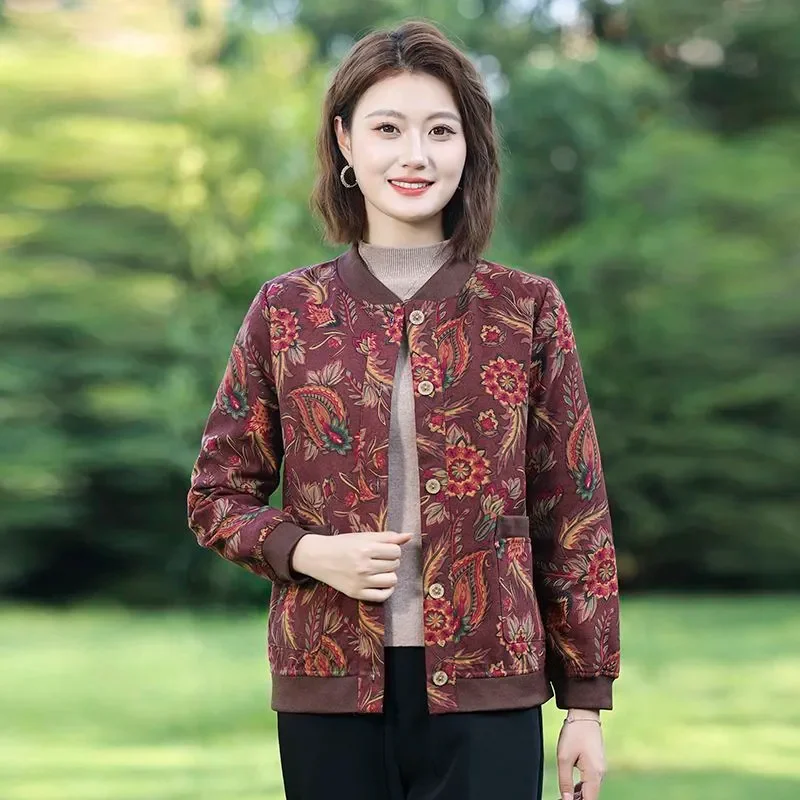 Womens Mom Floral Print Fleece Lined Jacket Loose Casual Warm Cardigan Coat Daily Wear Plus Size