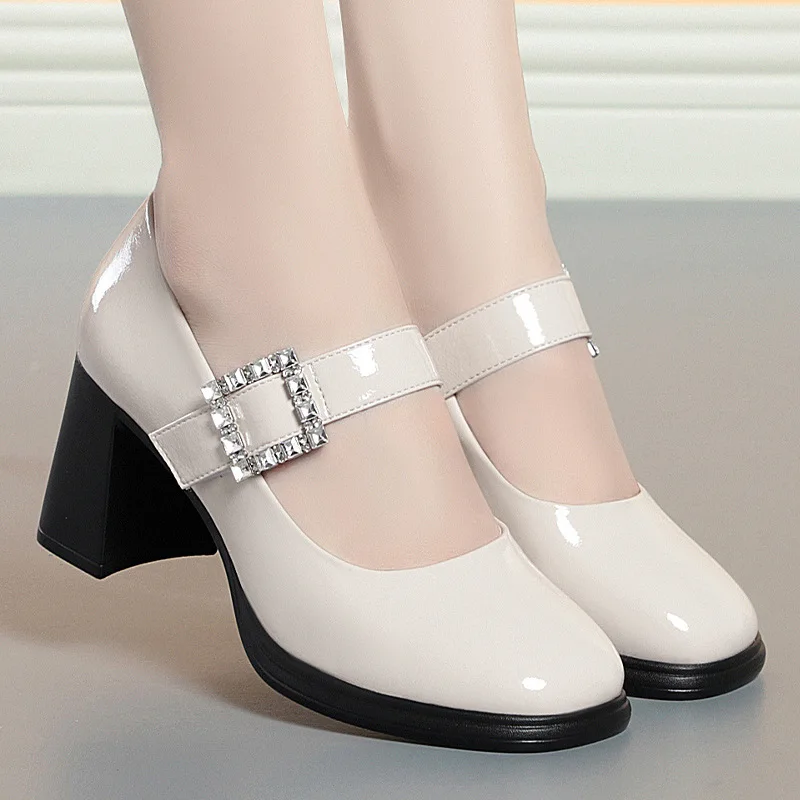 New Women Patent Leather Buckle Strap Mary Janes Platform Shoes Woman Pumps High Heels Dress Shoes Retro Ladies Wedding Shoes