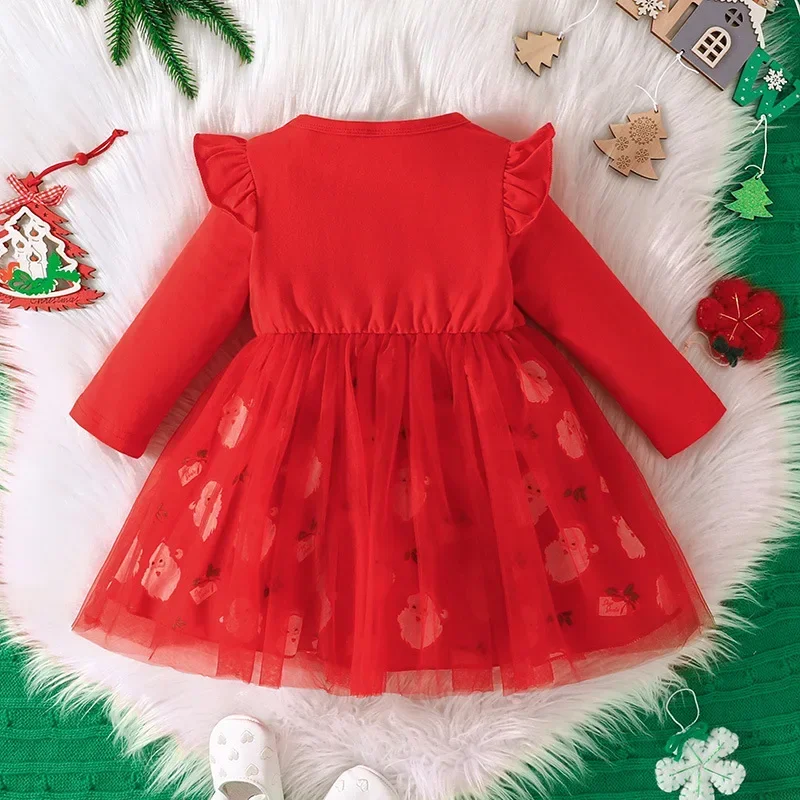 Toddler Baby Merry Christmas Dress for Girl Dress Santa Claus Print Princess Dress New Autumn Winter Baby Red New Year Costume