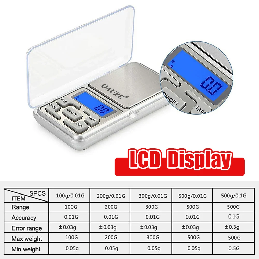 Electronic Digital Pocket Scale 0.01g Precision Mini Jewelry Weighing Scale Backlight Scales 0.1g for Kitchen 100/200/300/500g