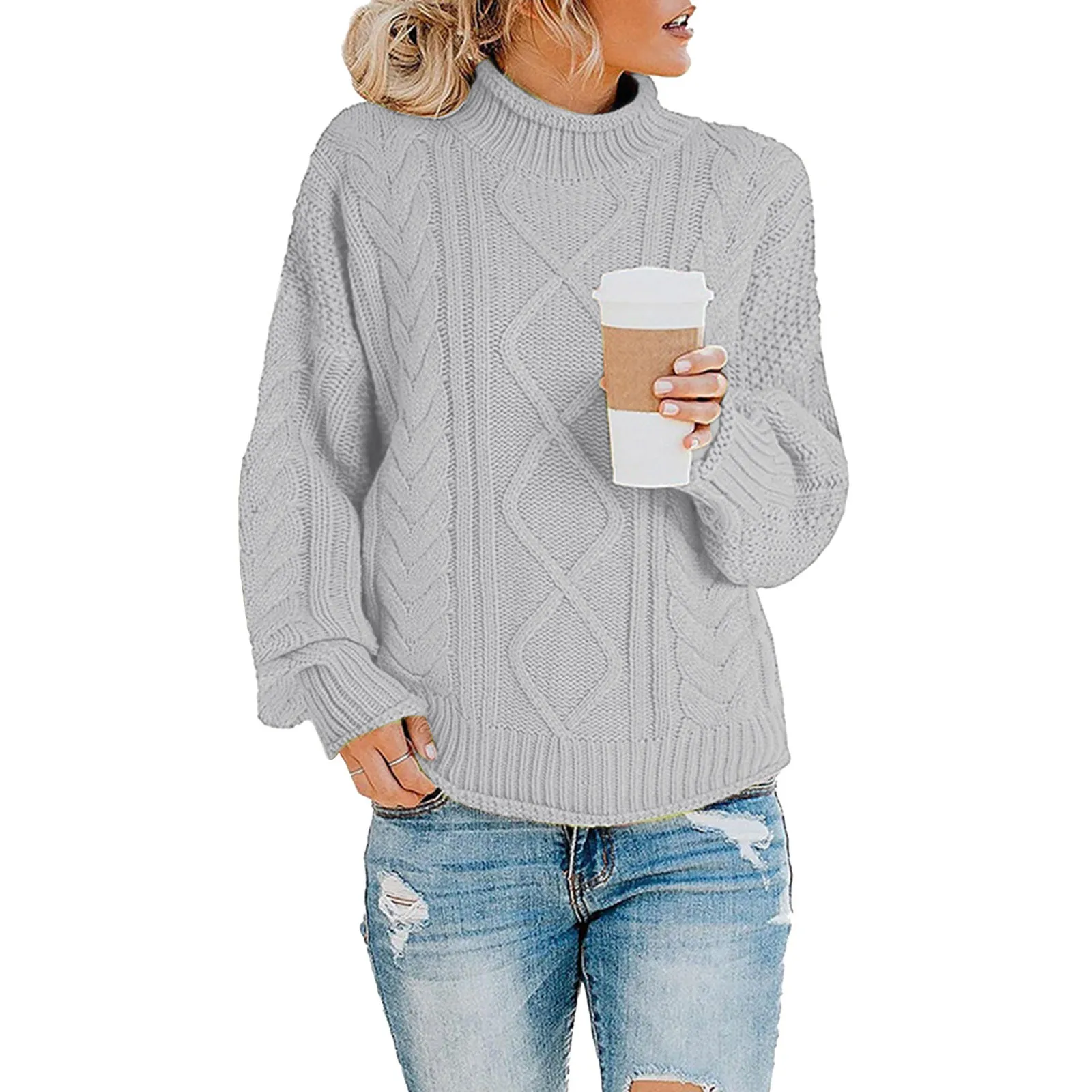 Women'S Solid Color Turtleneck Knitted Pullover Sweater Lantern Sleeve Thread Fashion Comfort Warm Pullover Casual Simple Top