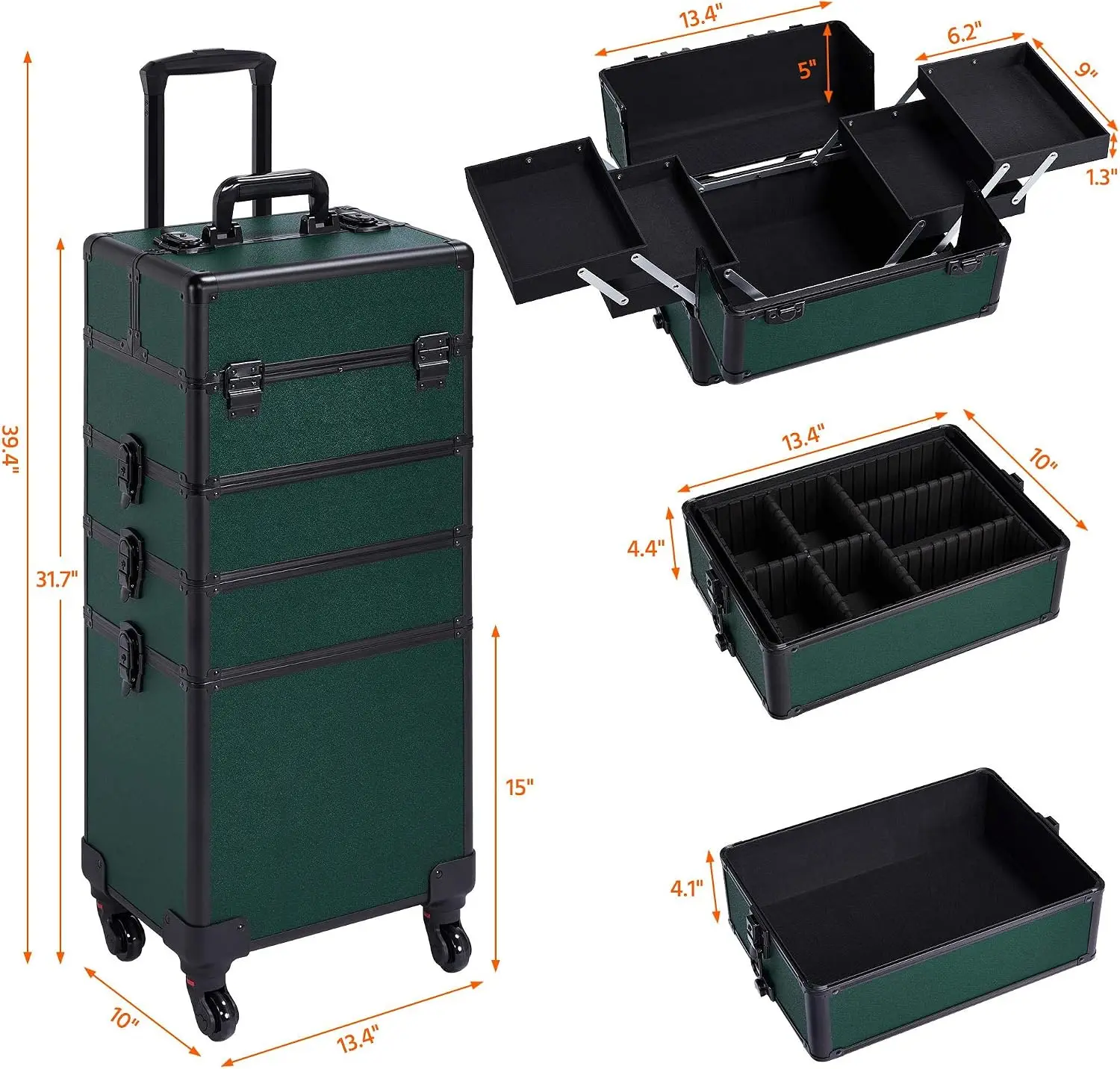 4 In 1 Rolling Makeup Train Case, Lockable Green Cosmetology Cart Aluminum Framed Cosmetic Trolley On Swivel Wheels With Stackable Accordion Trays For Nail Makeup Supplies Storage, Green view 3