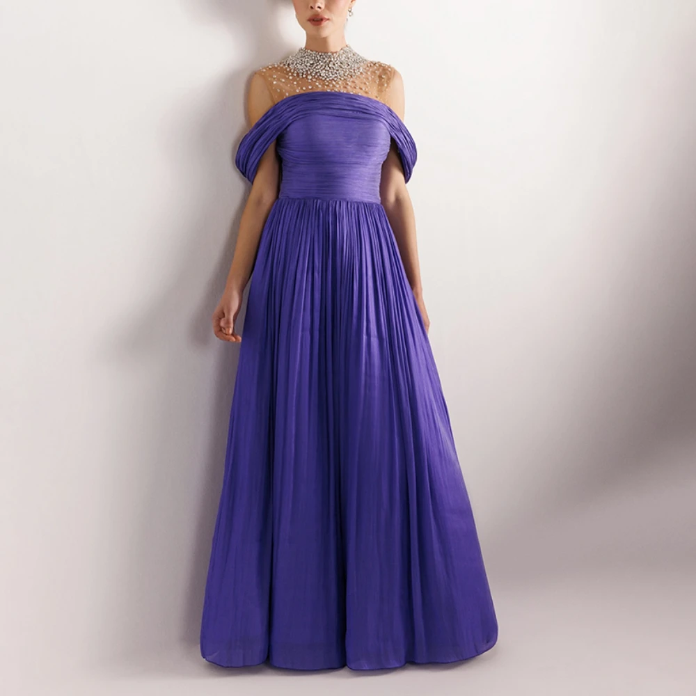 

Luxury Evening Dresses for Women Crystal High Neck A Line Evening Gowns Pleated Floor Length Wedding Guest Dress Customized