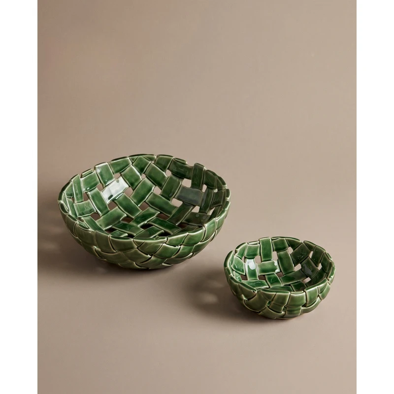 Handcrafted Woven Texture Round Ceramic Fruit Bowl Artistic High End Decor for Living Room Coffee Table Display