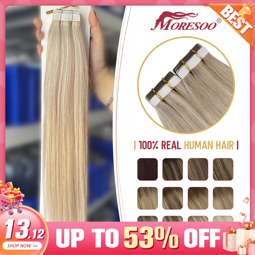 Moresoo extensões de cabelo humano fita em remy ash loira destaque cabelo sedoso extensões de cabelo reto 100% fita real no cabelo humano pelo natural mega hair fita adesiva cabelo humano cabelo humano original fita ad