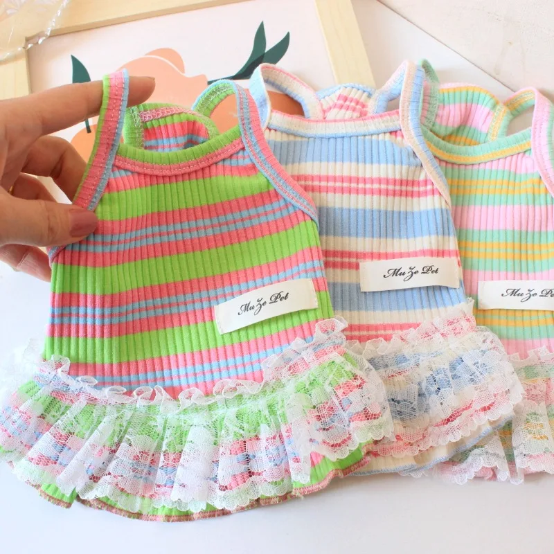 Lace Puppy Clothes Striped Summer Dog Dress Suspenders Vest Pet Outfit Cat Skirt Chihuahua Bichon Yorkie Cute Female Dog Tshirt