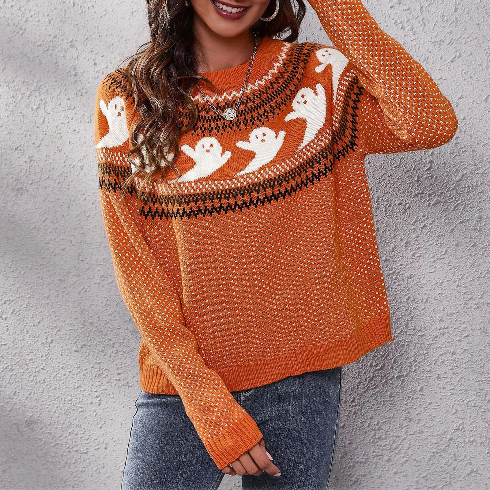 Sweater rajut Halloween wanita, Sweater rajut lucu hantu Retro Polka Dot tren mode Crewneck lengan panjang hangat nyaman