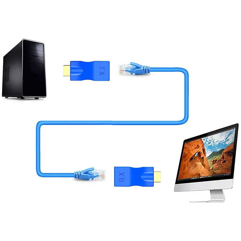 Упаковка из 2 удлинителей HDMI, повторитель преобразователя HDMI в RJ45 через удлинитель Cat 5E/6 1080P до 30 м для HDTV PS4 STB 4K 2K