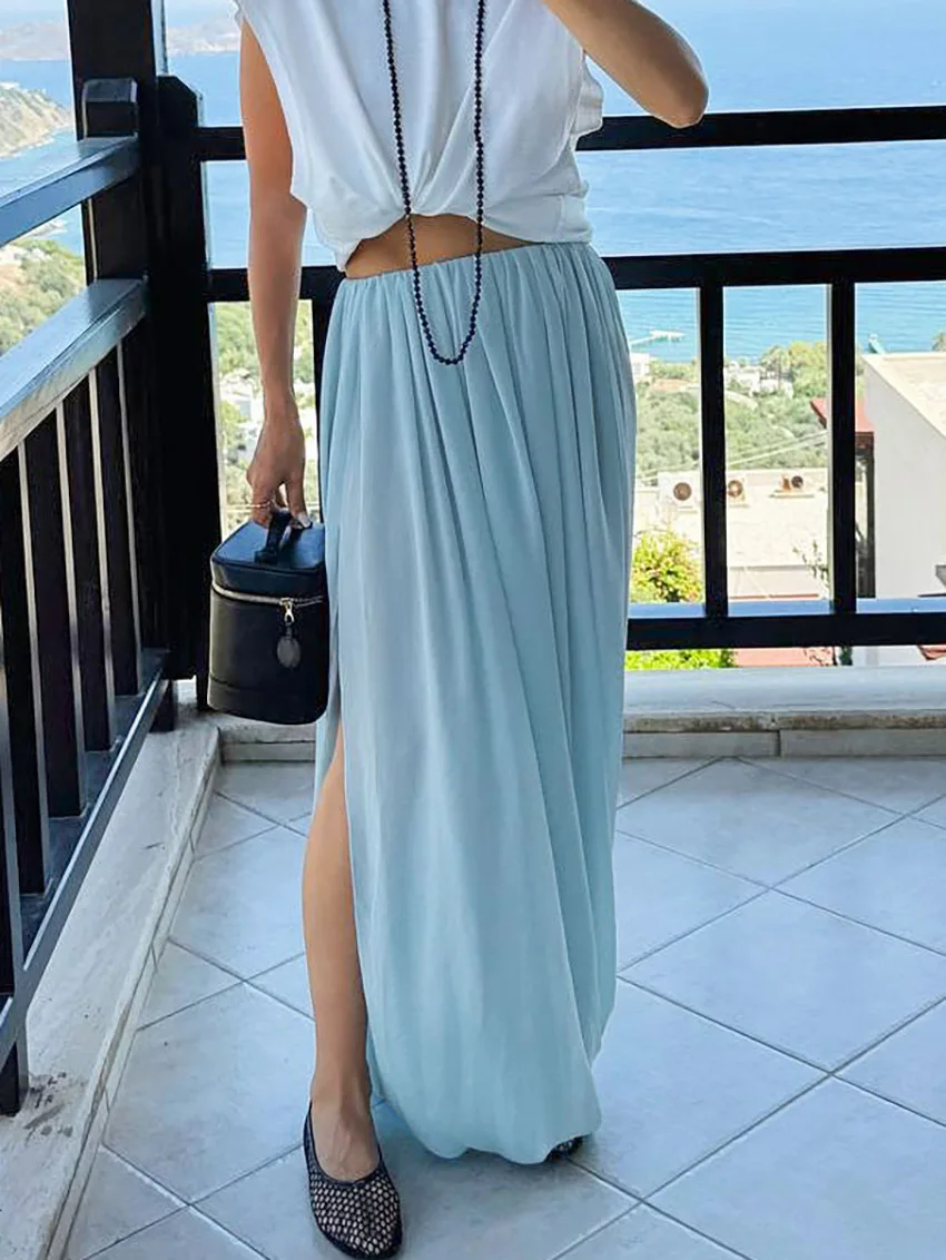 FL 2026 New Women Flowy Chiffon Long Midi Skirt High Waist Elegant Draped A Line Pleated Office Work Wear Stylish Soft Fabric