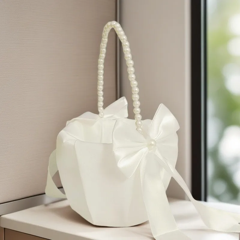 1Pcs Pearl Handle Flower Basket Satin White Western Wedding Basket Kids Hand Held Wedding Bowknot Flower Basket Party Decor image 4