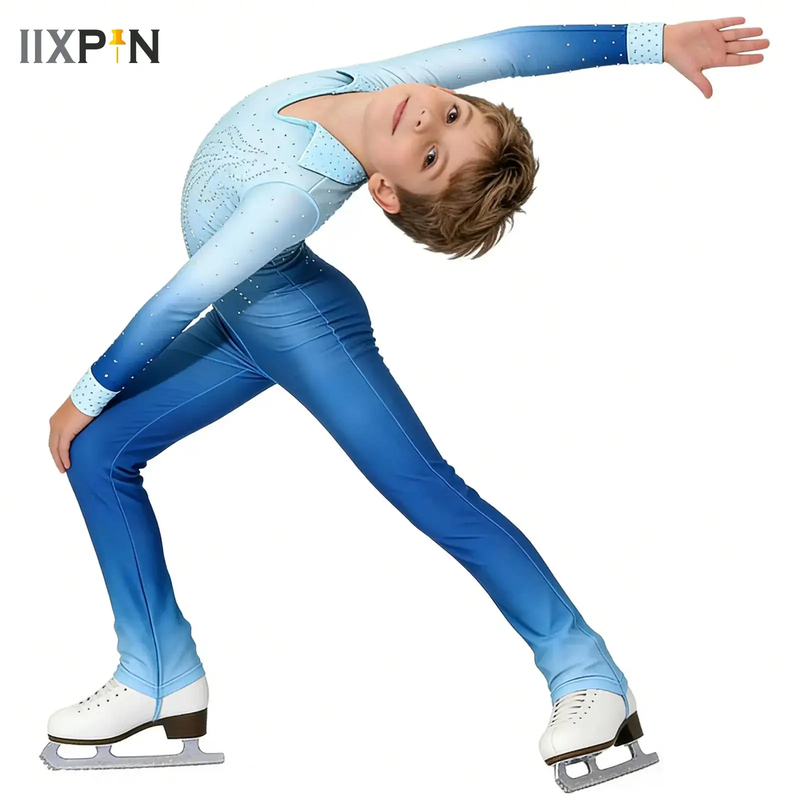 

Kids Boys Shiny Rhinestones Ballet Dance Unitards Jumpsuit Color Gradient Acrobatics Figure Skating Gymnastics Practice Costume