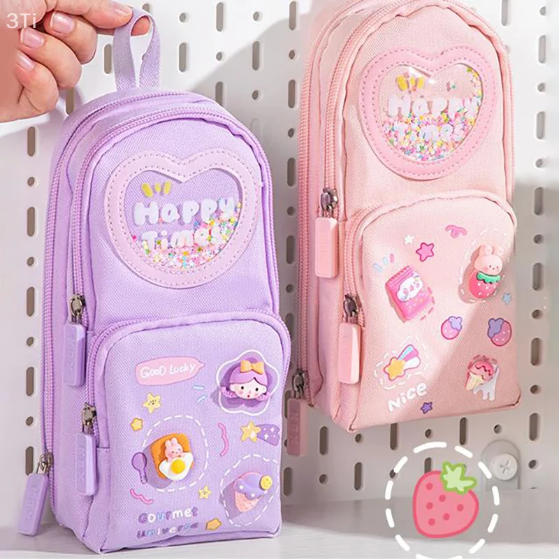 تخزين اللوازم المدرسية الأساسية - مقلمة قماشية ذات سعة كبيرة بأسلوب كاواي اللطيف.