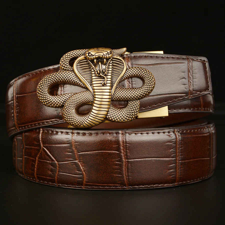 

New men's automatic buckle belt, cowhide glossy large crocodile pattern casual belt, men's personalized business belt