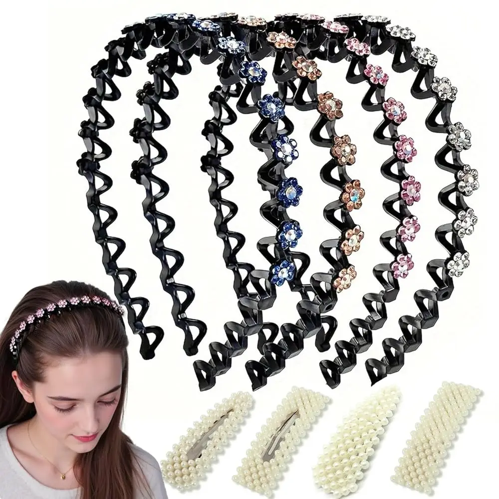 

4pcs Flower Crystal Headbands for Women Non Slip, Wave Rhinestone Head Bands for Women's Hair, Comfortable Stretchy Hair Band
